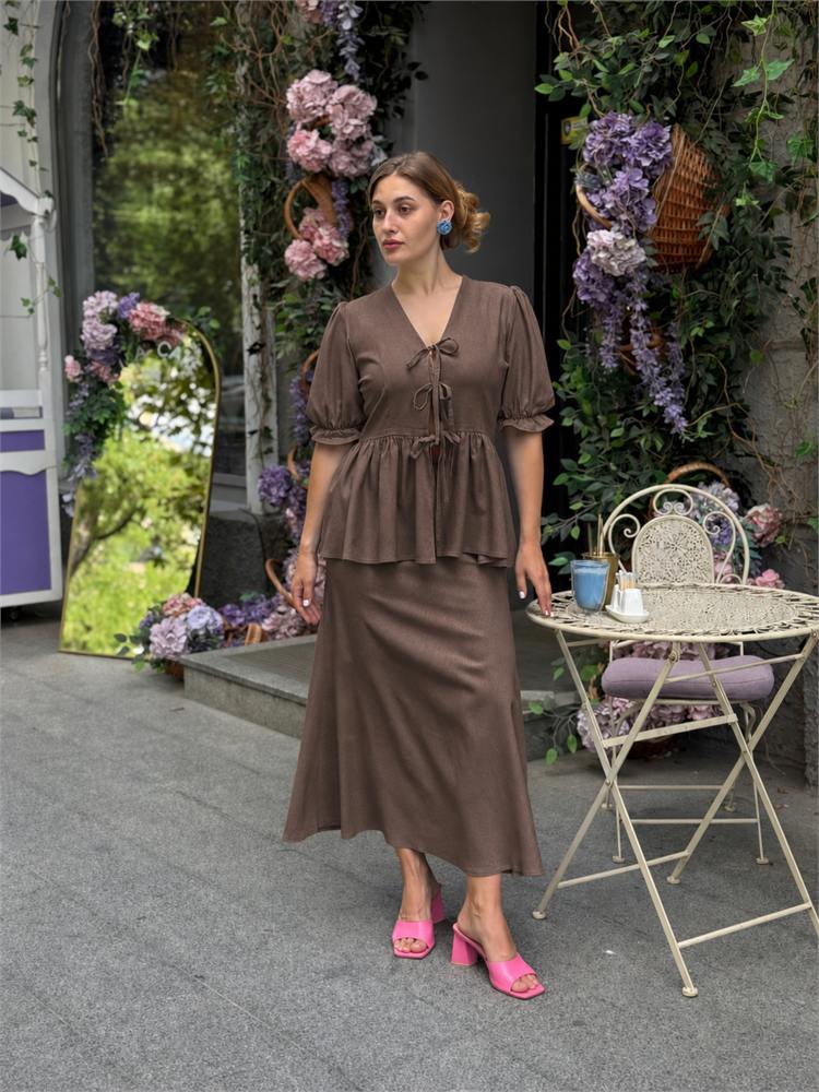 Комплект з блузи та спідниці максі льон  шоколад