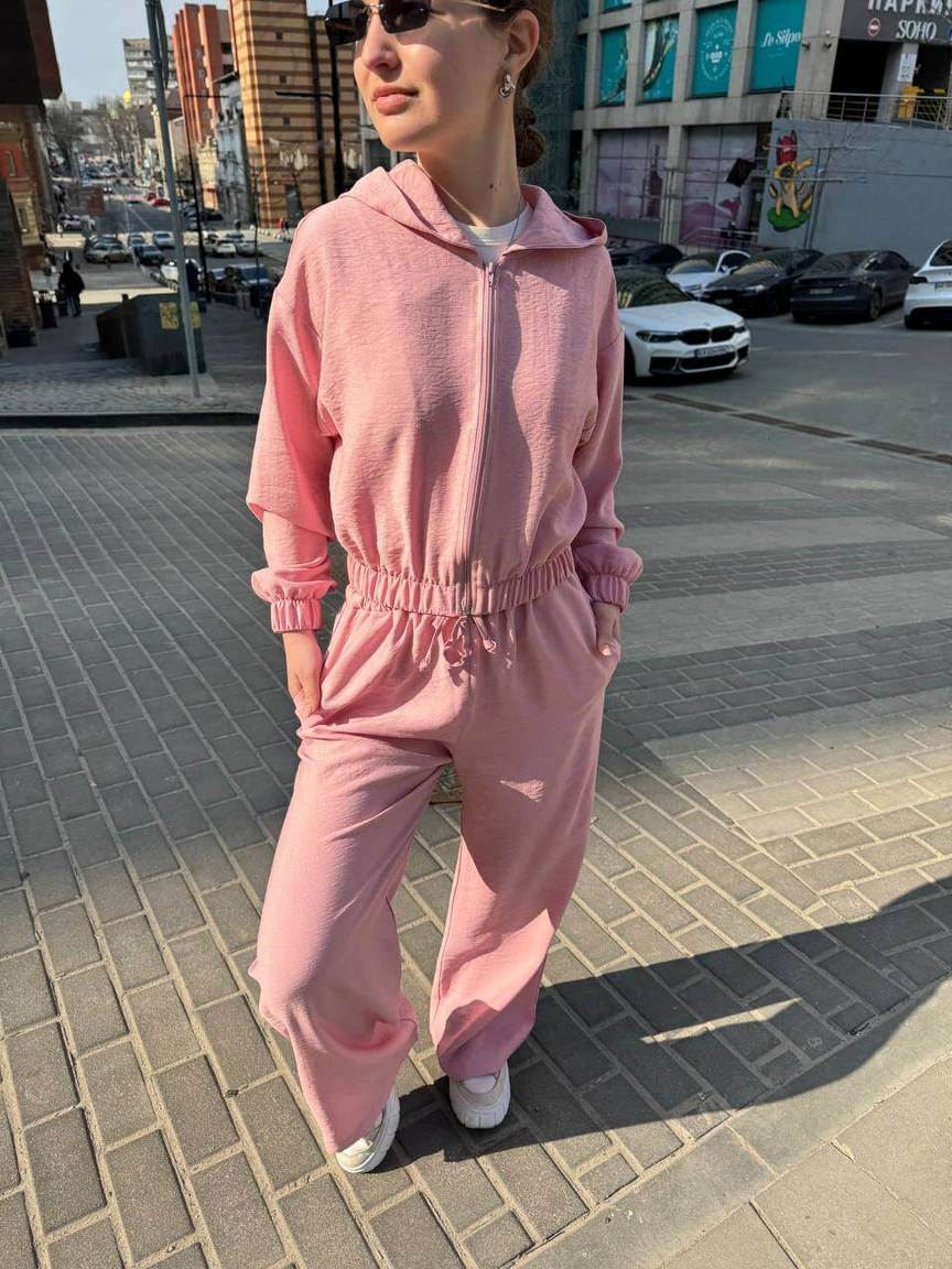 Костюм кофта жатка з капюшоном та штани кльош жатка рожевий, фото 5