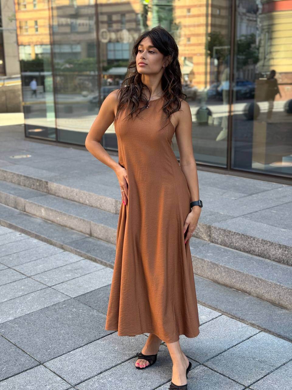 Лляна сукня з жатки Максі карамель
