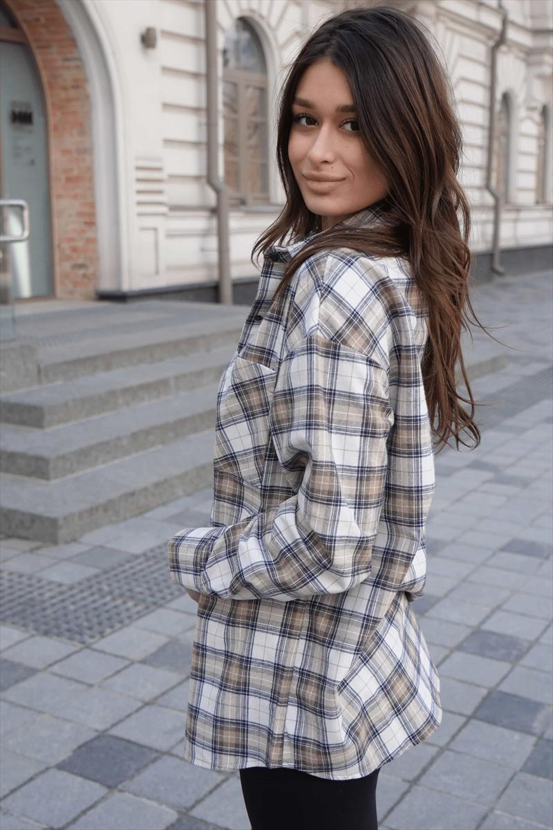 Сорочка фланель беж з коричневим клітинка, фото 5